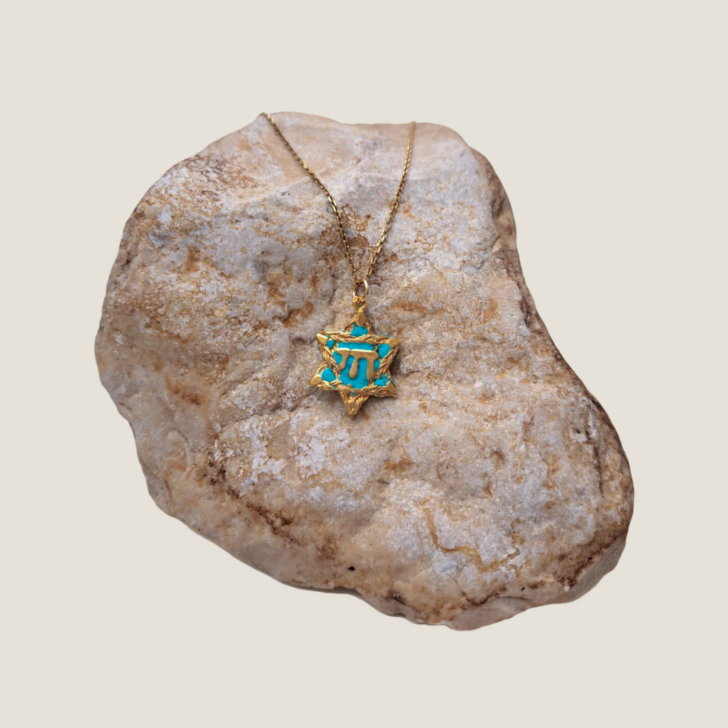 Magen David and Chai Necklace | Light Blue and Gold